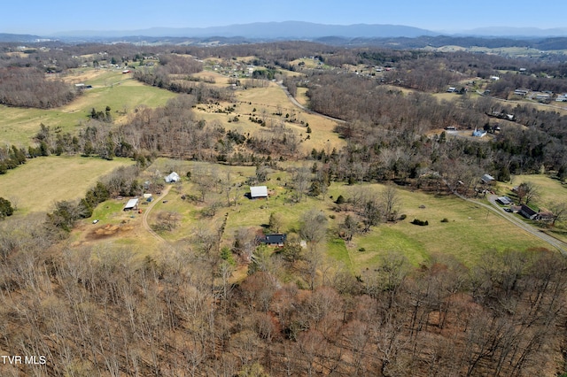 bird's eye view featuring a rural view and a mountain view