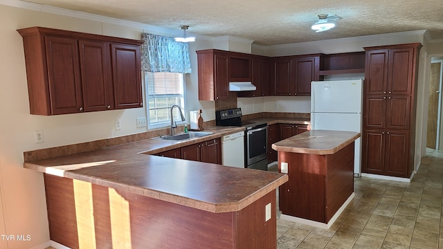 kitchen with a kitchen island, a sink, a peninsula, white appliances, and under cabinet range hood