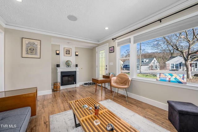 living area with crown molding, hardwood / wood-style floors, a glass covered fireplace, a textured ceiling, and baseboards