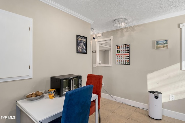 dining room featuring crown molding, a textured ceiling, baseboards, and light tile patterned floors