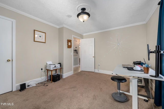 carpeted office space with ornamental molding, visible vents, a textured ceiling, and baseboards