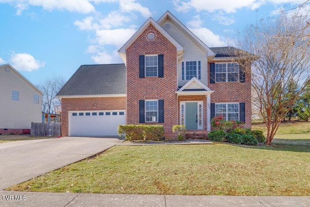 view of front of home featuring a garage, a front lawn, concrete driveway, and brick siding