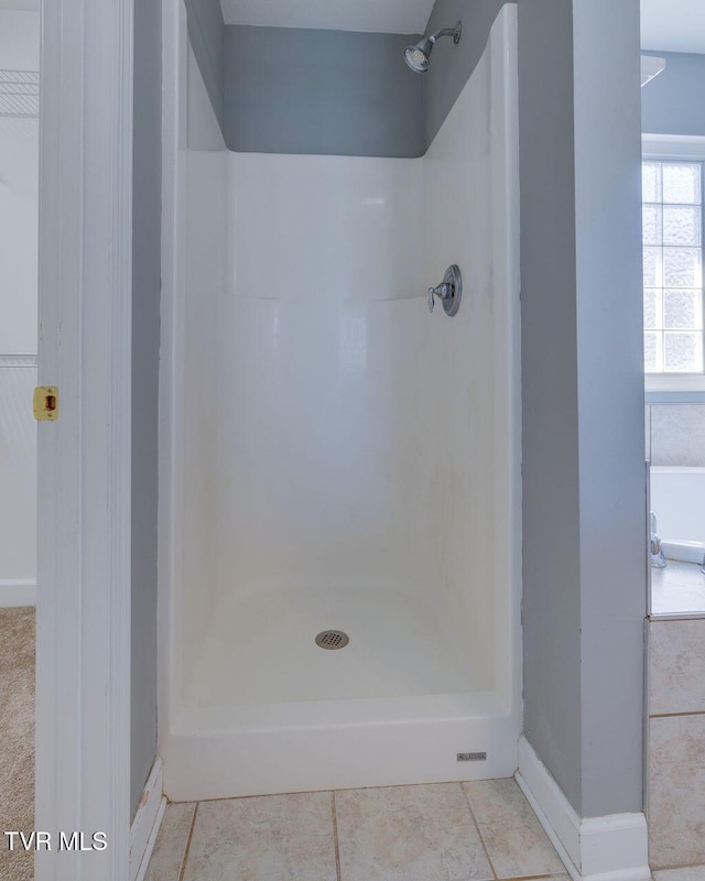 bathroom featuring tile patterned flooring and walk in shower