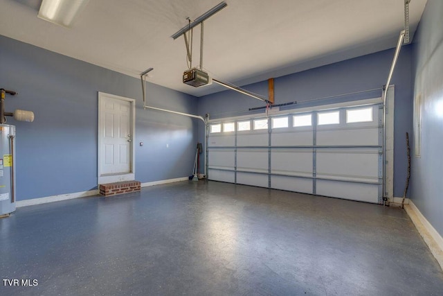 garage with water heater, baseboards, and a garage door opener