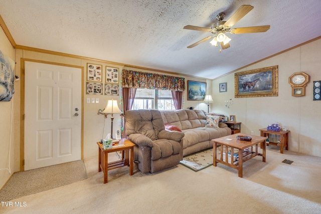 carpeted living room with vaulted ceiling, ornamental molding, and a textured ceiling