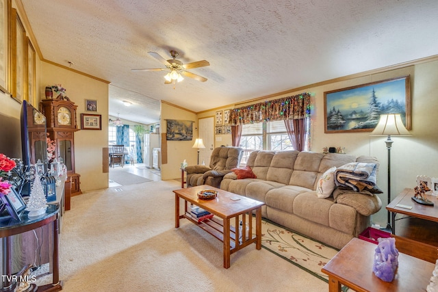 living room with plenty of natural light, light colored carpet, crown molding, and lofted ceiling