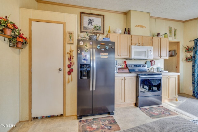 kitchen featuring a textured ceiling, light countertops, appliances with stainless steel finishes, light brown cabinetry, and crown molding