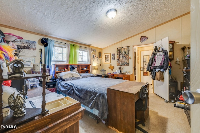 bedroom with lofted ceiling, a textured ceiling, light carpet, and crown molding