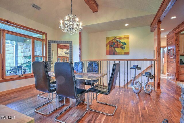 251 Fee Trl, Ewing, VA 24248 - dining space featuring lofted ceiling with beams, a chandelier, recessed lighting, visible vents, and wood-type flooring
