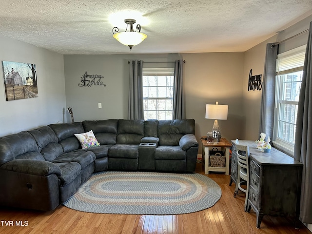 living area with a textured ceiling and wood finished floors