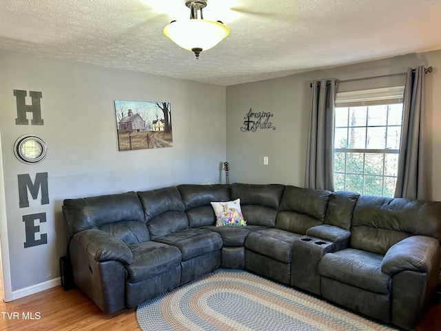 living room featuring a textured ceiling, baseboards, and wood finished floors