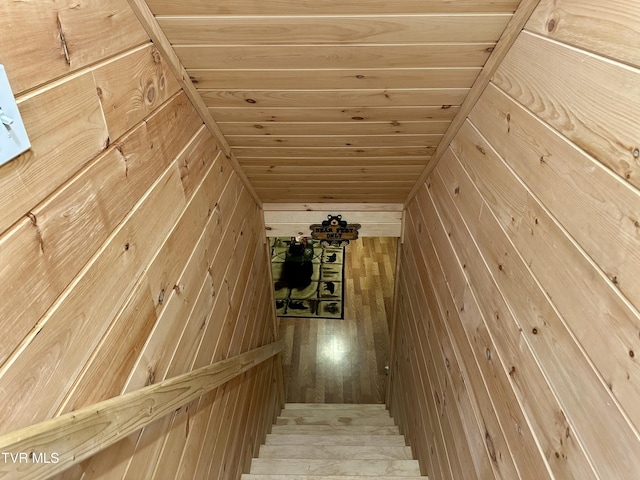 staircase featuring wooden ceiling and wood walls