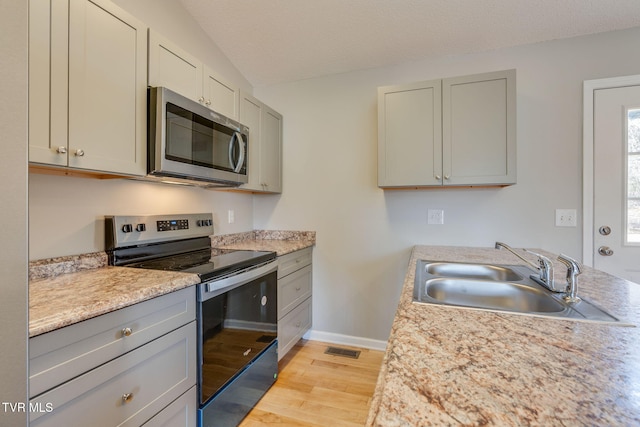 kitchen with visible vents, appliances with stainless steel finishes, gray cabinets, light countertops, and a sink