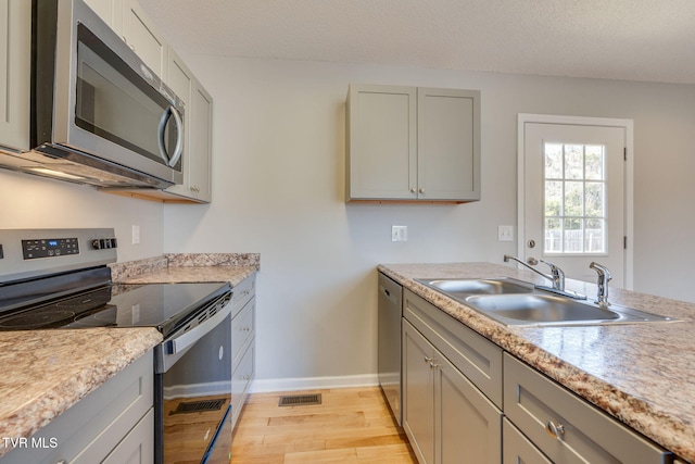 kitchen with stainless steel appliances, gray cabinets, visible vents, light wood-style floors, and a sink