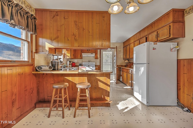 kitchen featuring brown cabinetry, stove, freestanding refrigerator, wood walls, and under cabinet range hood