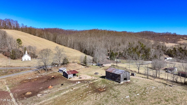 aerial view featuring a rural view and a forest view