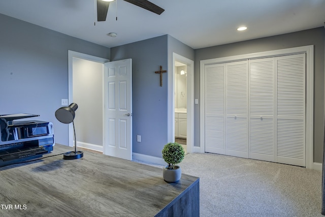 workout room featuring recessed lighting, baseboards, a ceiling fan, and carpet flooring