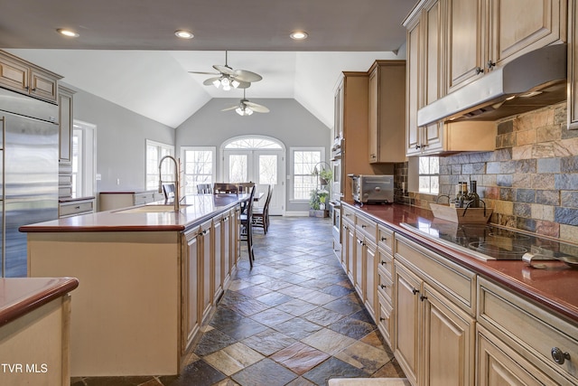 kitchen featuring a kitchen island with sink, a sink, stone tile flooring, under cabinet range hood, and appliances with stainless steel finishes