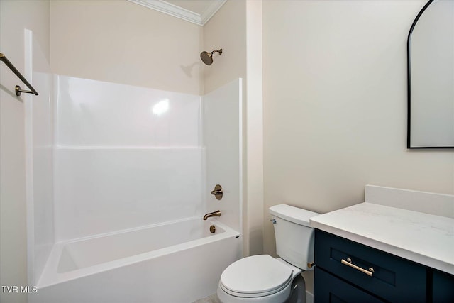 full bathroom with shower / bathtub combination, ornamental molding, toilet, and vanity