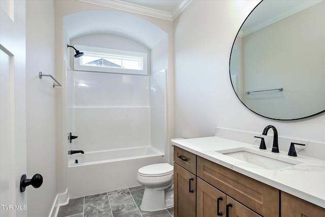 full bath featuring toilet, washtub / shower combination, ornamental molding, and vanity