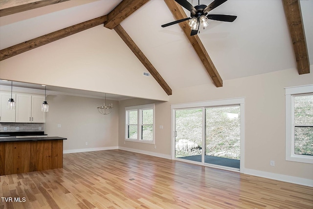 unfurnished living room with high vaulted ceiling, beamed ceiling, visible vents, and baseboards