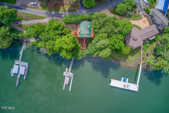 drone / aerial view with a water view