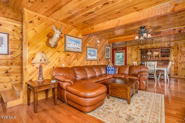 living area with a ceiling fan, wood ceiling, wooden walls, and wood finished floors