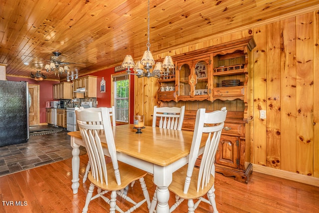 dining room featuring wooden ceiling, wood finished floors, and ceiling fan with notable chandelier