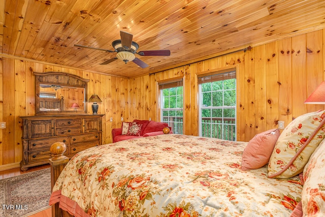 bedroom featuring access to exterior, wooden ceiling, wood walls, and ceiling fan