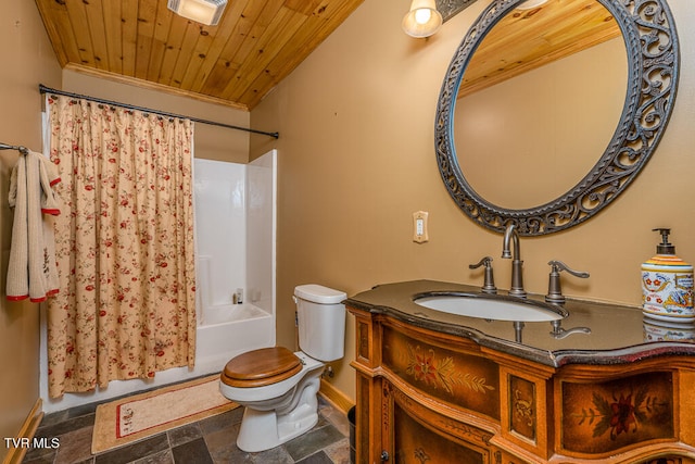 full bath featuring toilet, wooden ceiling, stone finish floor, shower / tub combo with curtain, and vanity