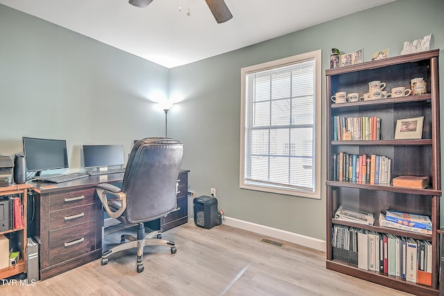 office area with ceiling fan, wood finished floors, visible vents, and baseboards