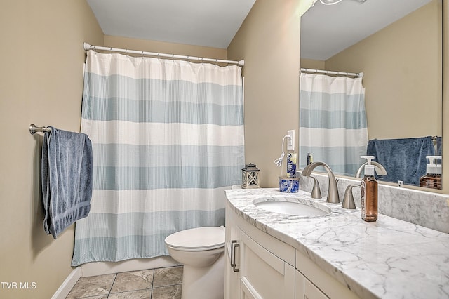 bathroom with toilet, tile patterned floors, a shower with curtain, and vanity