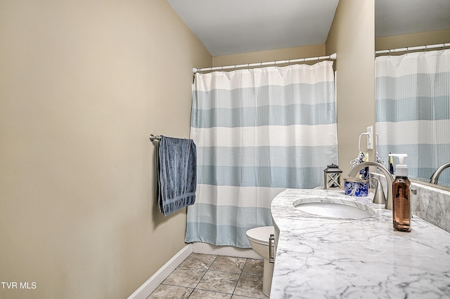 bathroom featuring baseboards, toilet, curtained shower, tile patterned flooring, and vanity