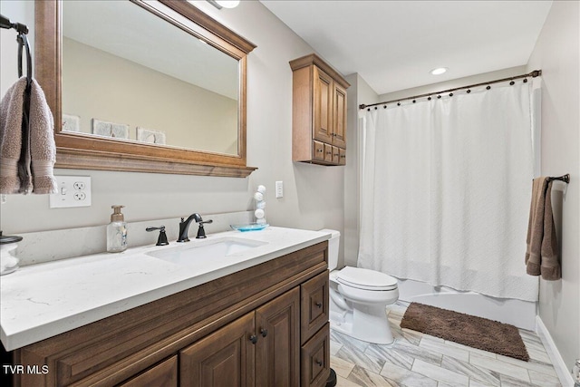 full bathroom with toilet, shower / tub combo, and vanity