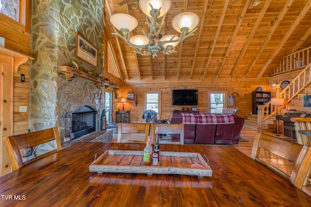 living room with a stone fireplace, wood walls, wood ceiling, wood-type flooring, and an inviting chandelier