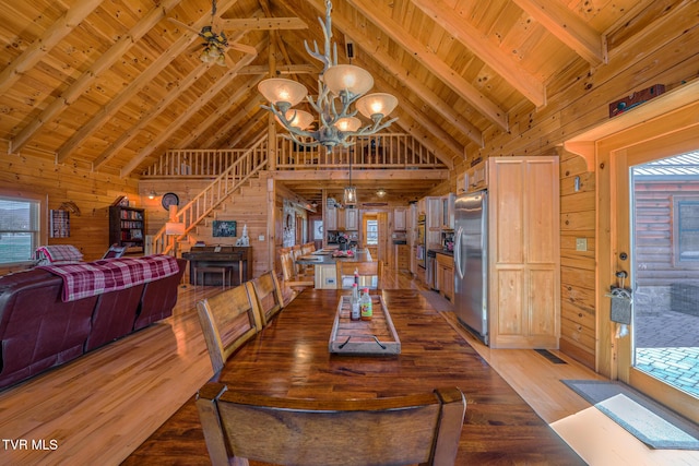 dining room featuring light wood-type flooring, beamed ceiling, wooden ceiling, and wooden walls