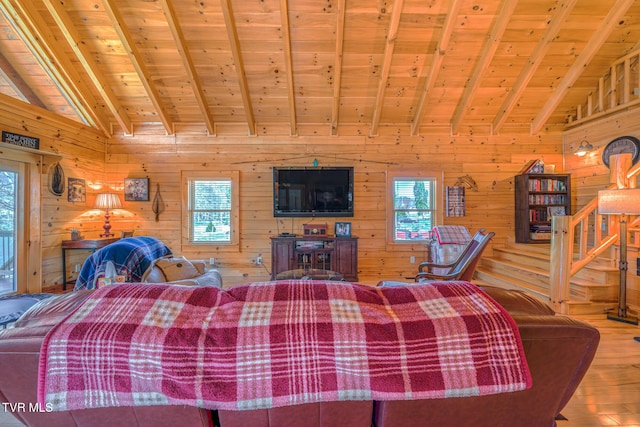 bedroom with vaulted ceiling with beams, wood finished floors, wood ceiling, and wooden walls