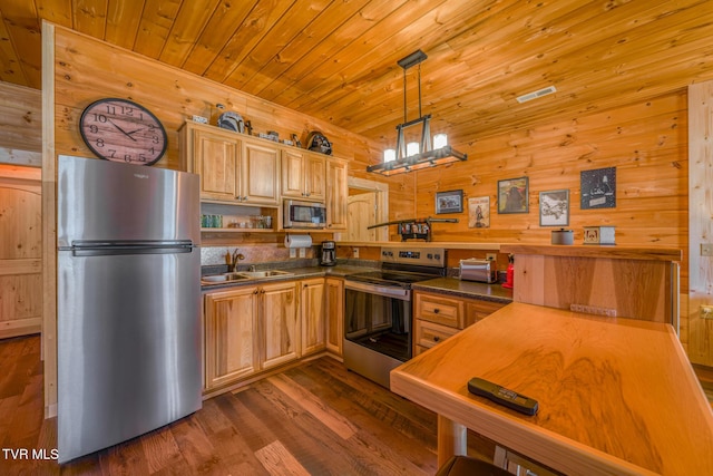 kitchen with wooden ceiling, appliances with stainless steel finishes, dark wood-style flooring, open shelves, and a sink