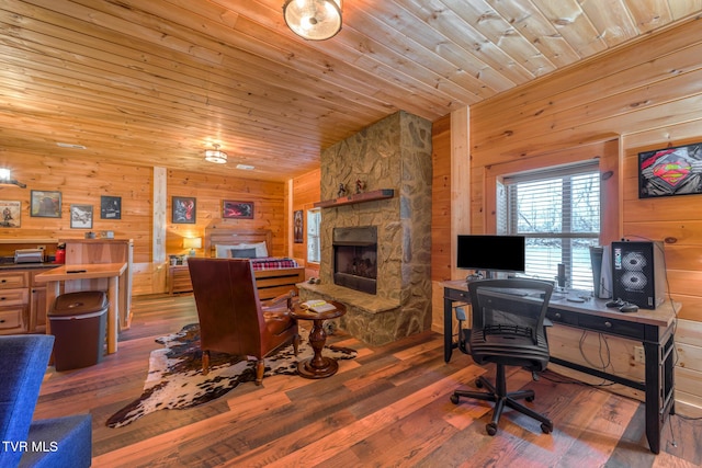 home office featuring a fireplace, wooden ceiling, wood-type flooring, and wooden walls