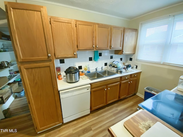 1536 Pineola Ave, Kingsport, TN 37664 - kitchen featuring light countertops, a sink, light wood-style floors, white dishwasher, and backsplash