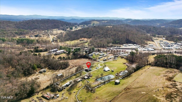 bird's eye view with a mountain view and a forest view