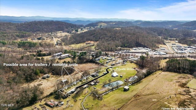 bird's eye view featuring a forest view and a mountain view