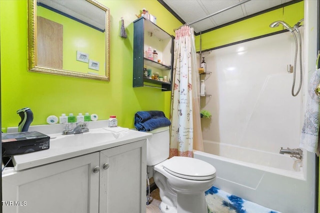 full bathroom featuring vanity, shower / bath combination with curtain, and toilet