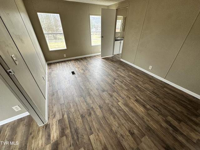 interior space featuring a sink, dark wood finished floors, and baseboards