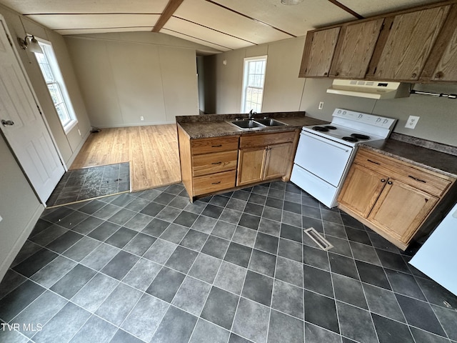 kitchen featuring visible vents, white range with electric cooktop, dark countertops, under cabinet range hood, and a sink