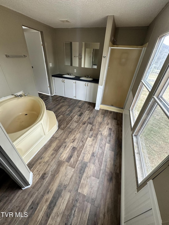 full bathroom with double vanity, a stall shower, wood finished floors, a textured ceiling, and a sink