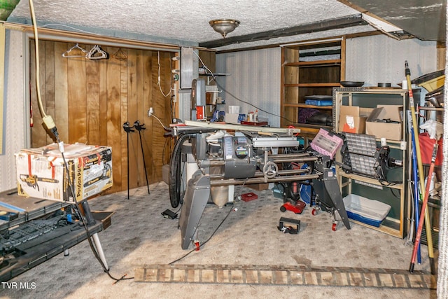 below grade area with a textured ceiling and carpet flooring