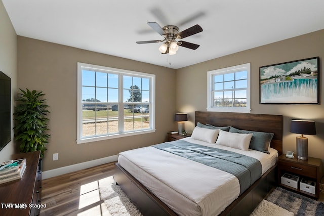 bedroom with a ceiling fan, multiple windows, baseboards, and wood finished floors