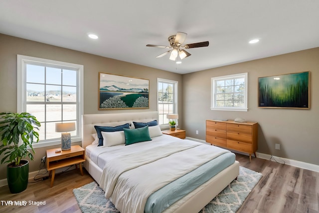 bedroom featuring multiple windows, wood finished floors, and baseboards