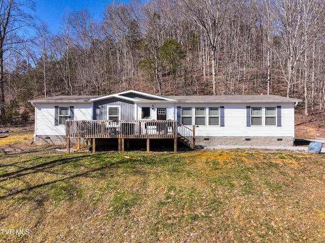 manufactured / mobile home featuring a deck, a front lawn, and crawl space